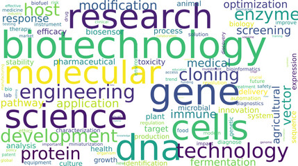 Word cloud design with science and biotech-related terms like gene, dna, research, cells, and protein.