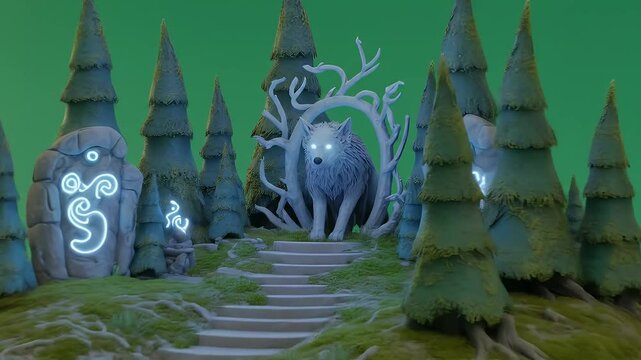 Fantasy Forest Scene with Voxel Wolf Standing in Glowing Archway with Rune Stones and Green Screen Background for Visual Effects