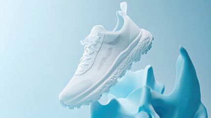 A white athletic shoe displayed against a light blue backdrop.