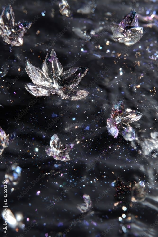 Poster a close up shot of several clear crystal flower shaped objects on a sparkling dark background surfac