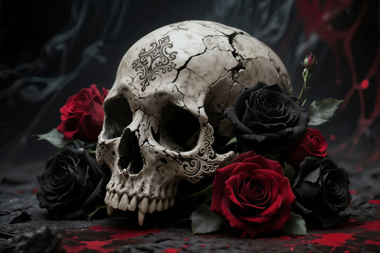 Gothic Skull with Red and Black Roses Dark Romantic Still Life