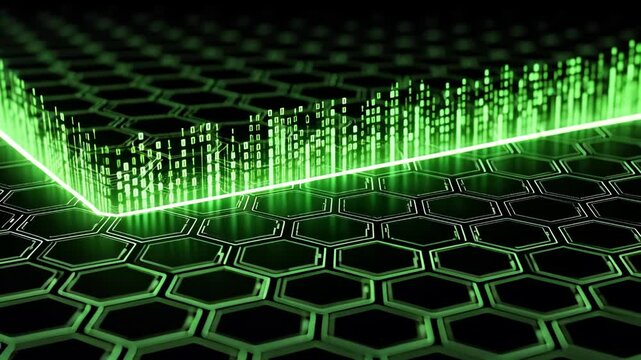 Green binary code on hexagon grid, technology, data, glowing, future.