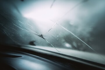 Close-up of a Cracked Car Windshield: Starburst Crack Damage Detail, Auto Glass Repair, Automotive Damage Photography