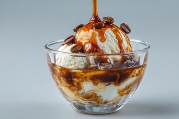 Espresso Affogato Recipe: Hot Espresso Poured Over Vanilla Bean Ice Cream with Coffee Beans, Gourmet Dessert Photography