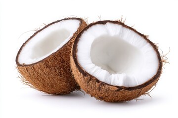 Two Halves of Fresh Coconut with White Pulp Isolated on White Background: High-Resolution Image Perfect for Tropical Food, Beverage, and Health Product Designs, Websites, and Packaging.