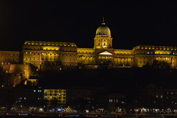 Danube embankment at the evening and night. Autumn in Budapest. Old architecture. High resolution...