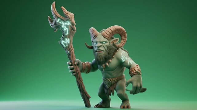 Front View of Beastmen Spellcaster with Runic Staff Isolated on Green Background Ready for Fantasy Visual Effects and Rpg Games