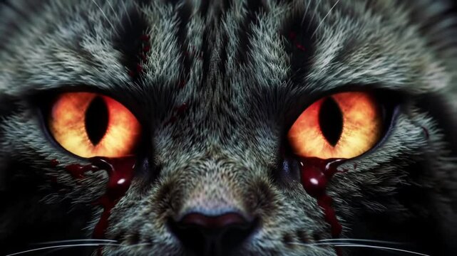 Intense Close-Up: Tabby Cat with Glowing Orange Eyes and Blood Tears