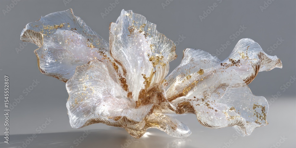 Poster a translucent flower with gold flecks on a gray background showcases delicate petal structures and l