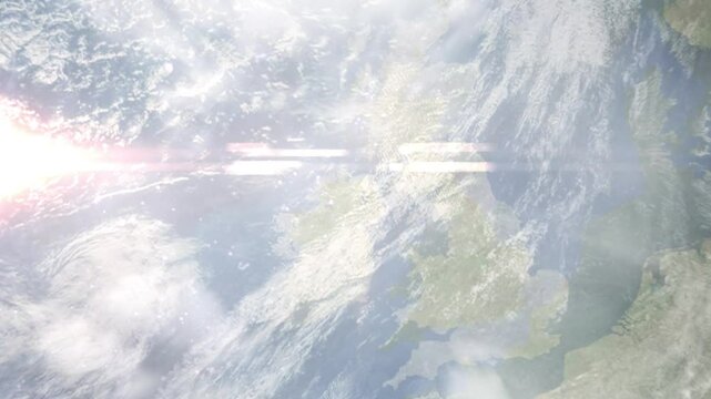 Earth zoom in from space and focus on Cookstown, Northern Ireland, Tyrone, Great Britain. Background for travel intro or blog. Satellite view. 3D style Animation. Images from NASA.