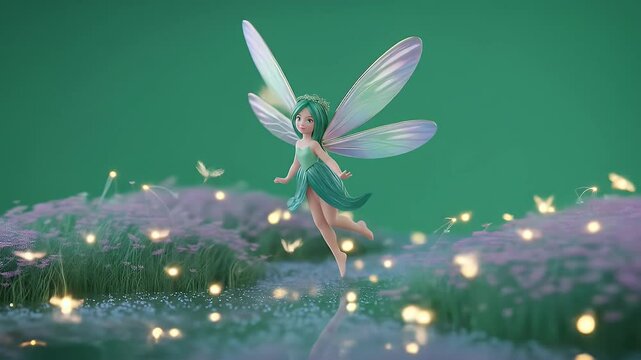 Graceful Pixel Fairy Hovering with Iridescent Wings over Lavender Blossoms on Green Screen with Glittering Lights for Animation and Game Assets