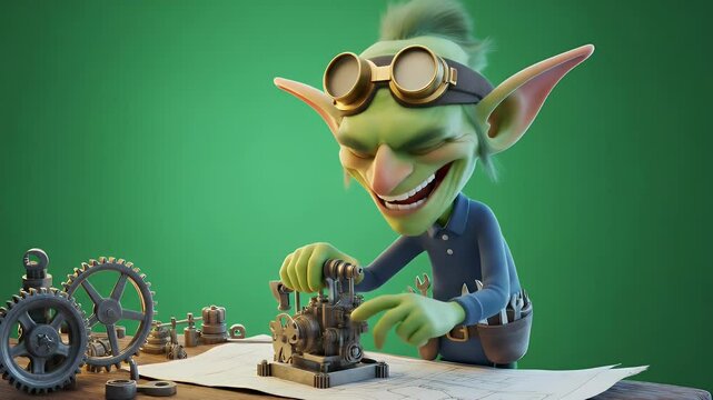 Green Goblin Character Tinkering with Gears on Table in Isolated Green Background for VFX Game Asset with Steampunk Style Front View