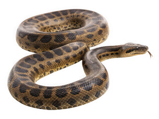 Obraz premium Green Anaconda coiled, isolated on black background, showing detailed scales and texture