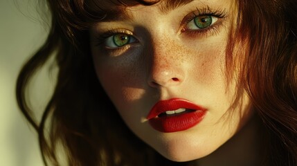 Fototapeta premium Close-up portrait of a woman with vibrant green eyes and red lips.