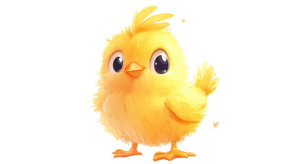Cute yellow chick with fluffy feathers standing on white background