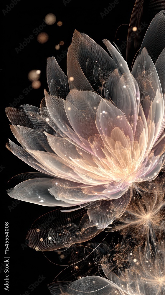 Poster a delicate flower with translucent petals and glowing specks against a dark background creating a so
