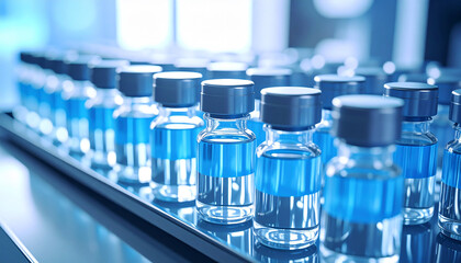 Medical Vials Array: An organized row of sealed medical vials filled with a blue liquid, emphasizing the precision and science in healthcare advancements.
