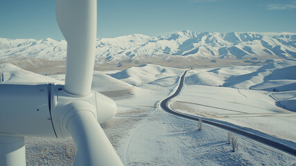 Winter Wind Turbine Over Snowy Mountain Road
