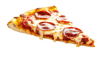 Delicious Slice of Pepperoni Pizza with Melting Cheese on white background