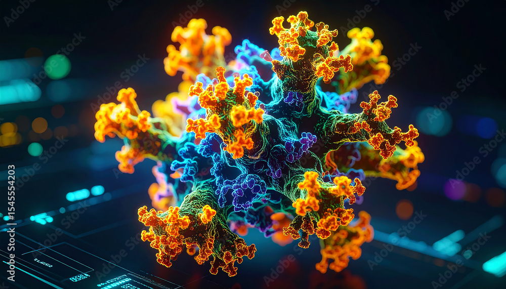 Poster microscopic marvel: a vibrant and detailed image of a virus particle, showcasing intricate structure