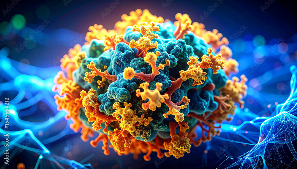 Poster viral cell structure: intricate details of a virus particle, showcasing its complex structure and vi