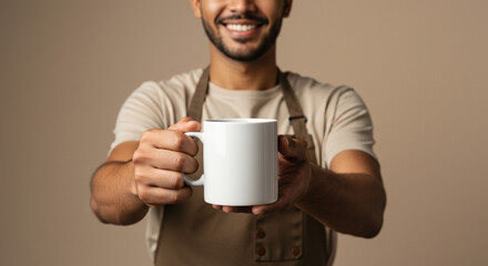 Smiling barista offering a white coffee mug close up