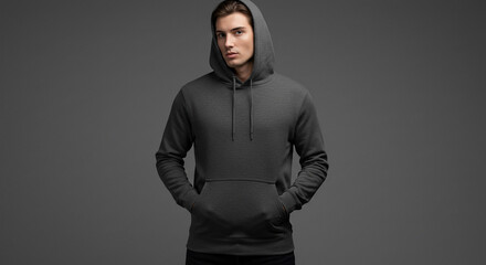 Stylish man in a gray hoodie posing in studio