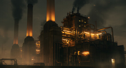 Nighttime Industrial Complex with Orange Lights and Smog