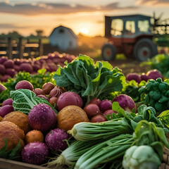 Fruits and vegetables in a fresh market setting with healthy organic produce in baskets