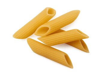 Penne rigate pasta featuring ridged surface and hollow core, resting on clean transparent backdrop