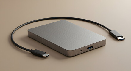 Portable external hard drive with sleek metallic finish and cable beside