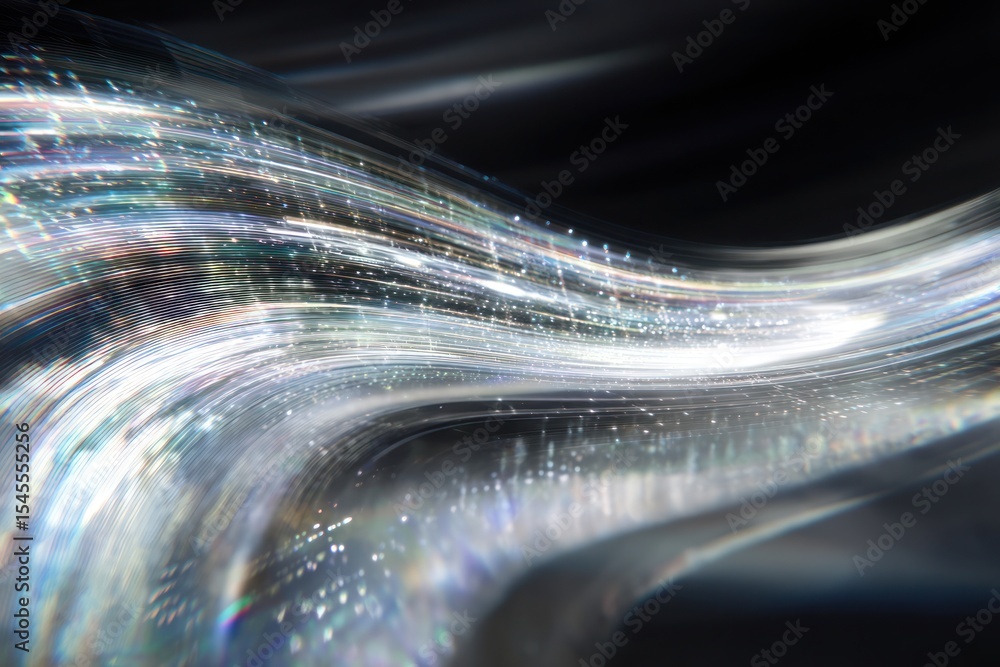 Poster abstract shimmering light trails flowing across a dark background with a sense of movement and energ