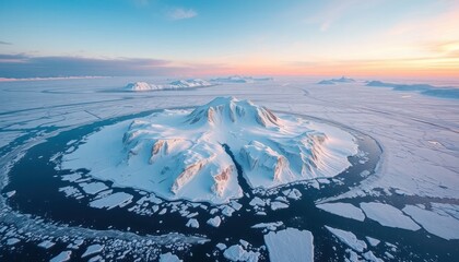 Dramatic Aerial View of Arctic Island with Snow-Capped Mountains at Sunset