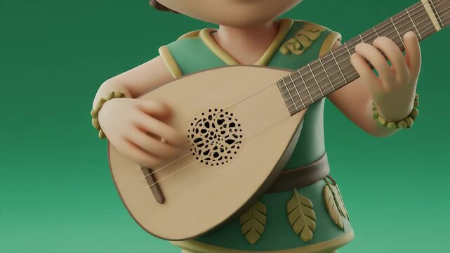 Human Bard Character Playing Lute in Green Outfit Front View Isolated on Green Screen for VFX Gaming and Animation