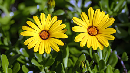 Twin yellow daisies blooming among green foliage