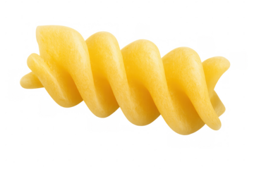 Twirled rotini pasta specimen presenting distinctive corkscrew form, suspended on clear backdrop, suitable for culinary graphic designs