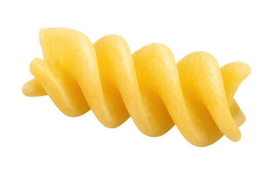 Twirled rotini pasta specimen presenting distinctive corkscrew form, suspended on clear backdrop, suitable for culinary graphic designs