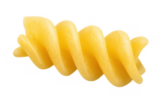 Twirled rotini pasta specimen presenting distinctive corkscrew form, suspended on clear backdrop, suitable for culinary graphic designs