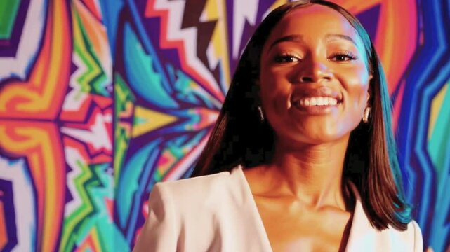 Vibrant 4K UHD Video of smiling woman posing in front of a abstract neon mural