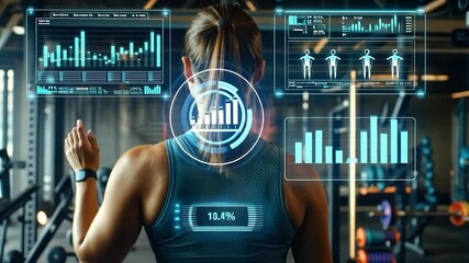 Woman in gym with interactive fitness data overlay - Powered by Adobe