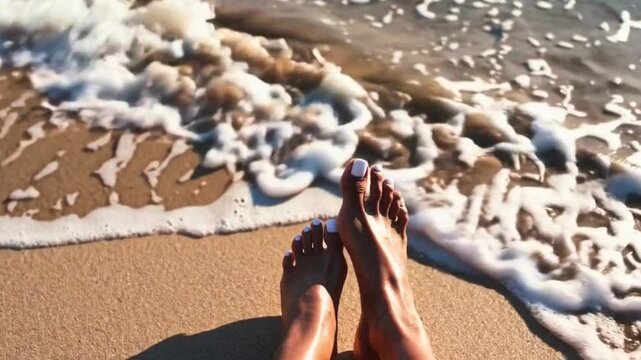 4K UHD POV of Feet in the Sand With Approaching Waves