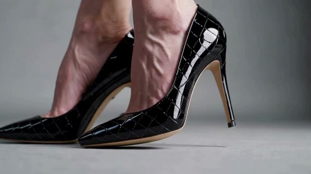 Close-Up of a Woman's Black Leather High Heels