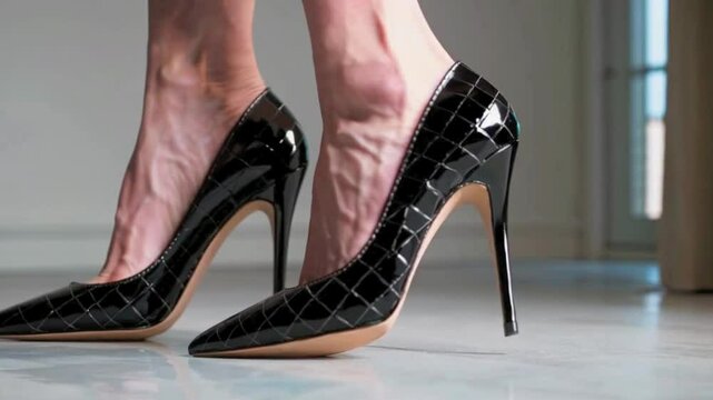 Detailed View of Black Leather High Heels for Women