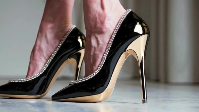 Close-Up of a Woman's Black, Gold, and Diamond Encrusted High Heels
