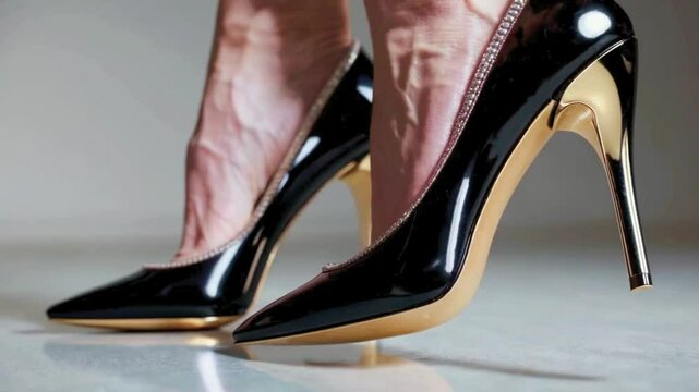Close-Up of a Woman's Black, Gold, and Diamond Encrusted High Heels