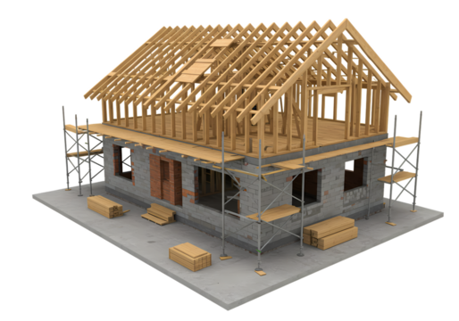 New Home Construction: Wooden Frame House Under Construction, 3D Model, Building Project, Real Estate Development - Powered by Adobe