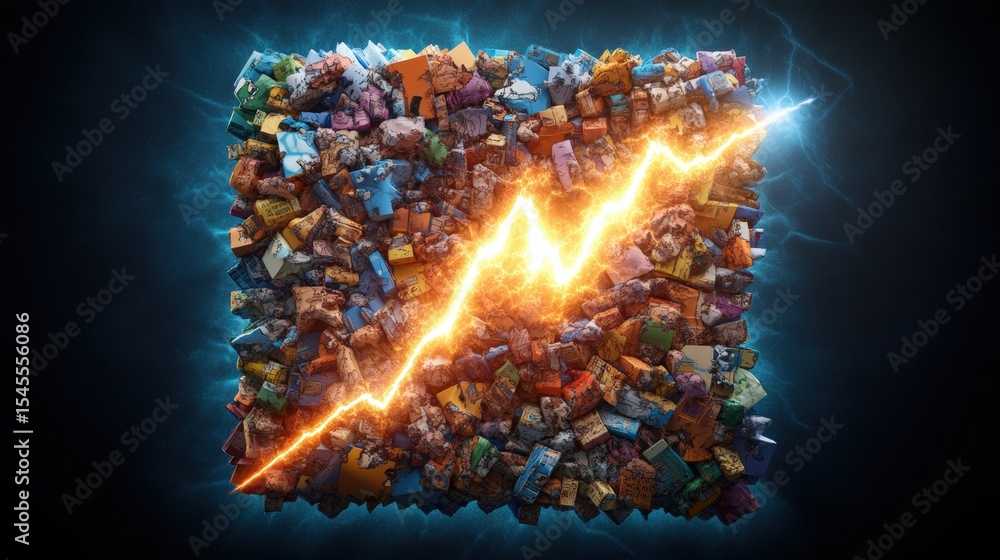 Poster vibrant colorful miniature building blocks arranged on a black background with dynamic lightning eff