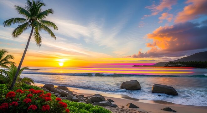 Tropical Beach Sunset with Mountains - 8K Ultra HD