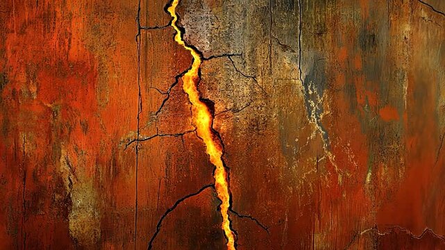 Fiery crack in a textured, rusted surface