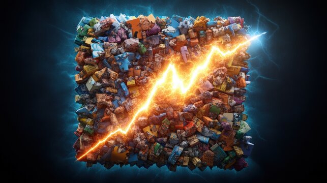 Vibrant colorful miniature building blocks arranged on a black background with dynamic lightning effect and rising financial growth graph - Powered by Adobe